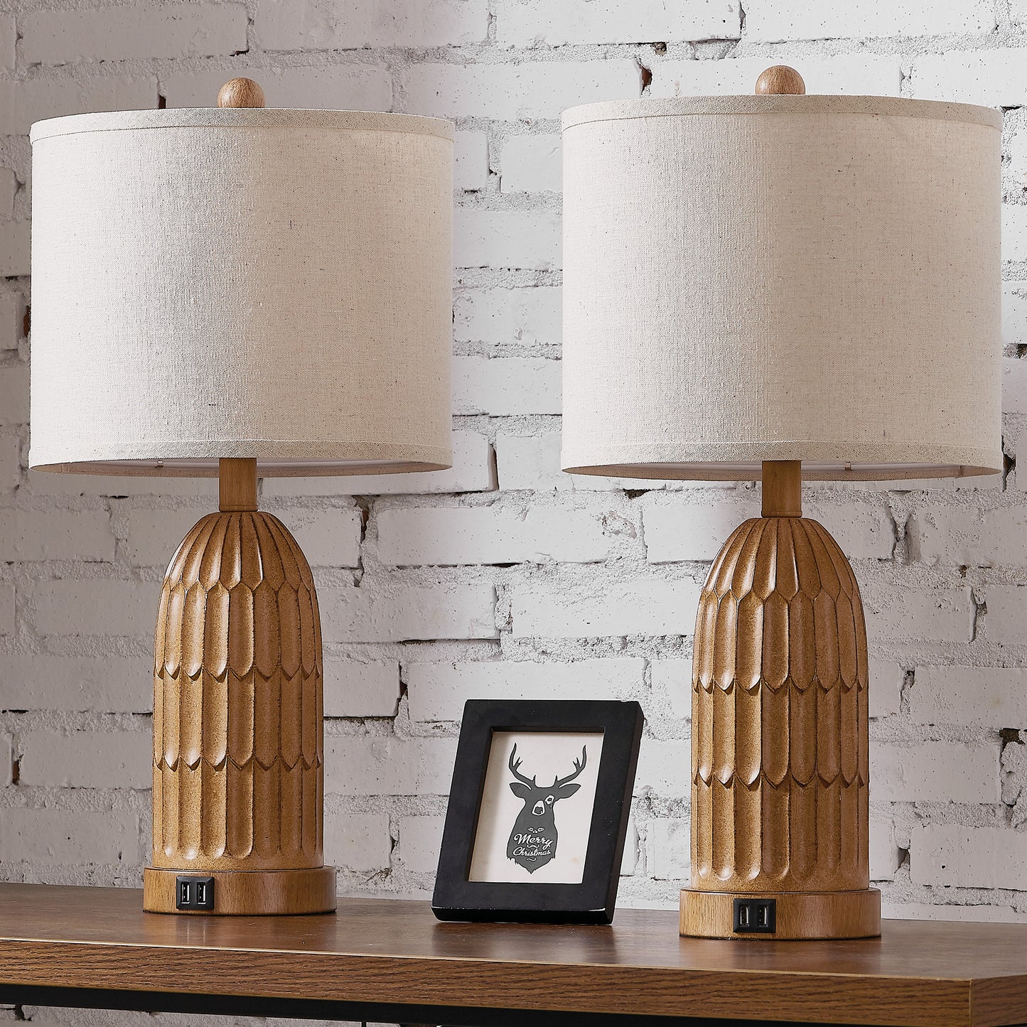 Cinkeda Twinset Brown Resin Table Lamps + USB Ports + Touch-sensitive 3-Way Dimmable Switch