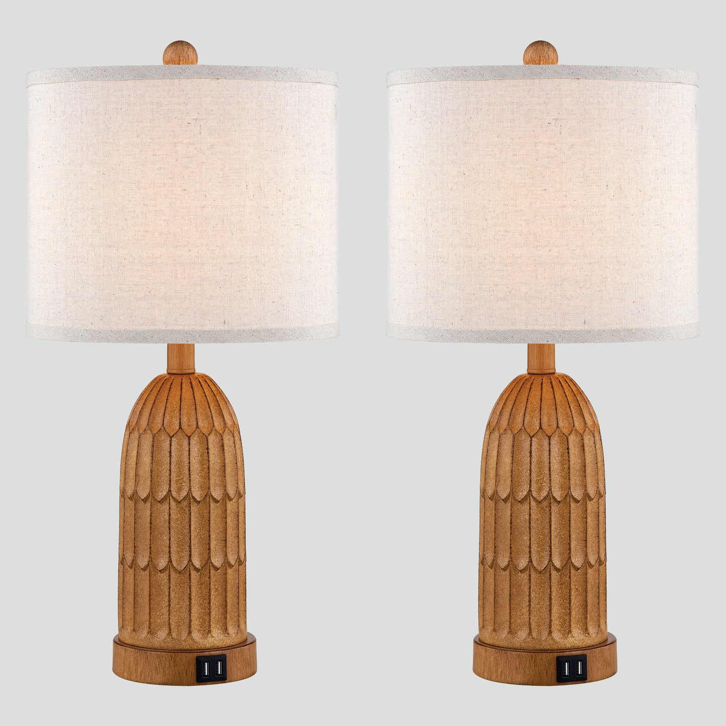 Cinkeda Twinset Brown Resin Table Lamps + USB Ports + Touch-sensitive 3-Way Dimmable Switch