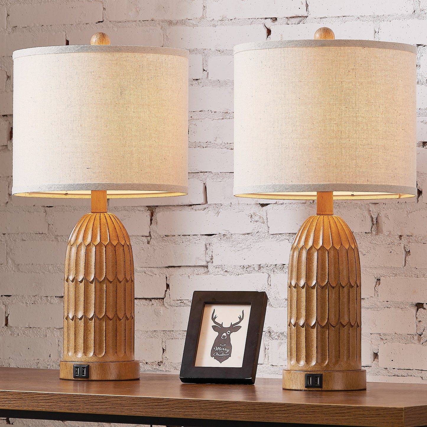 Cinkeda Twinset Brown Resin Table Lamps + USB Ports + Touch-sensitive 3-Way Dimmable Switch