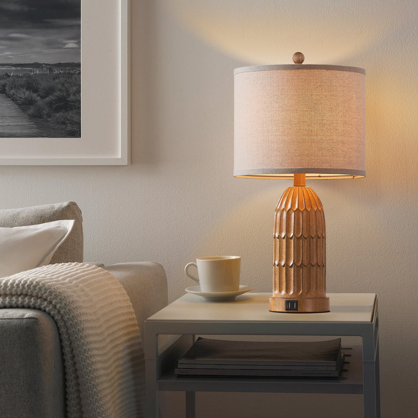 Cinkeda Twinset Brown Resin Table Lamps + USB Ports + Touch-sensitive 3-Way Dimmable Switch