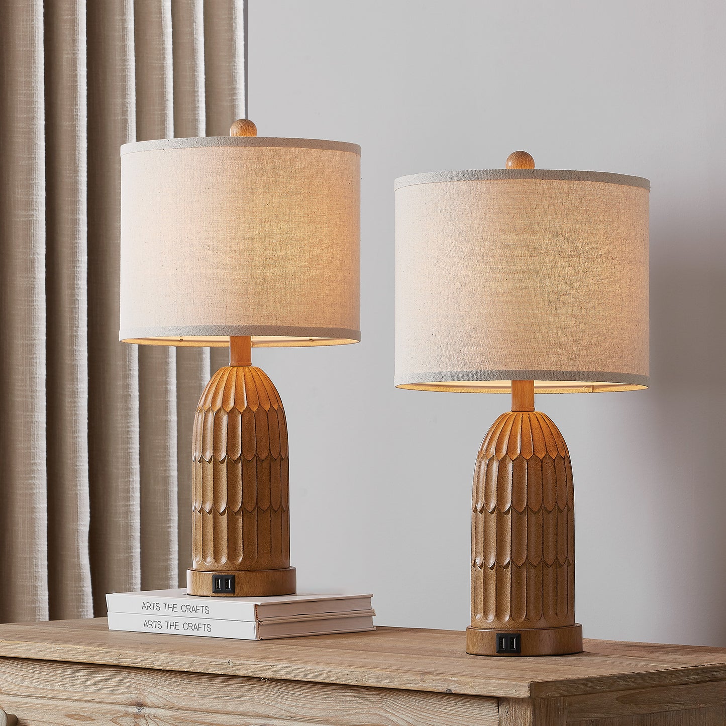 Cinkeda Twinset Brown Resin Table Lamps + USB Ports + Touch-sensitive 3-Way Dimmable Switch