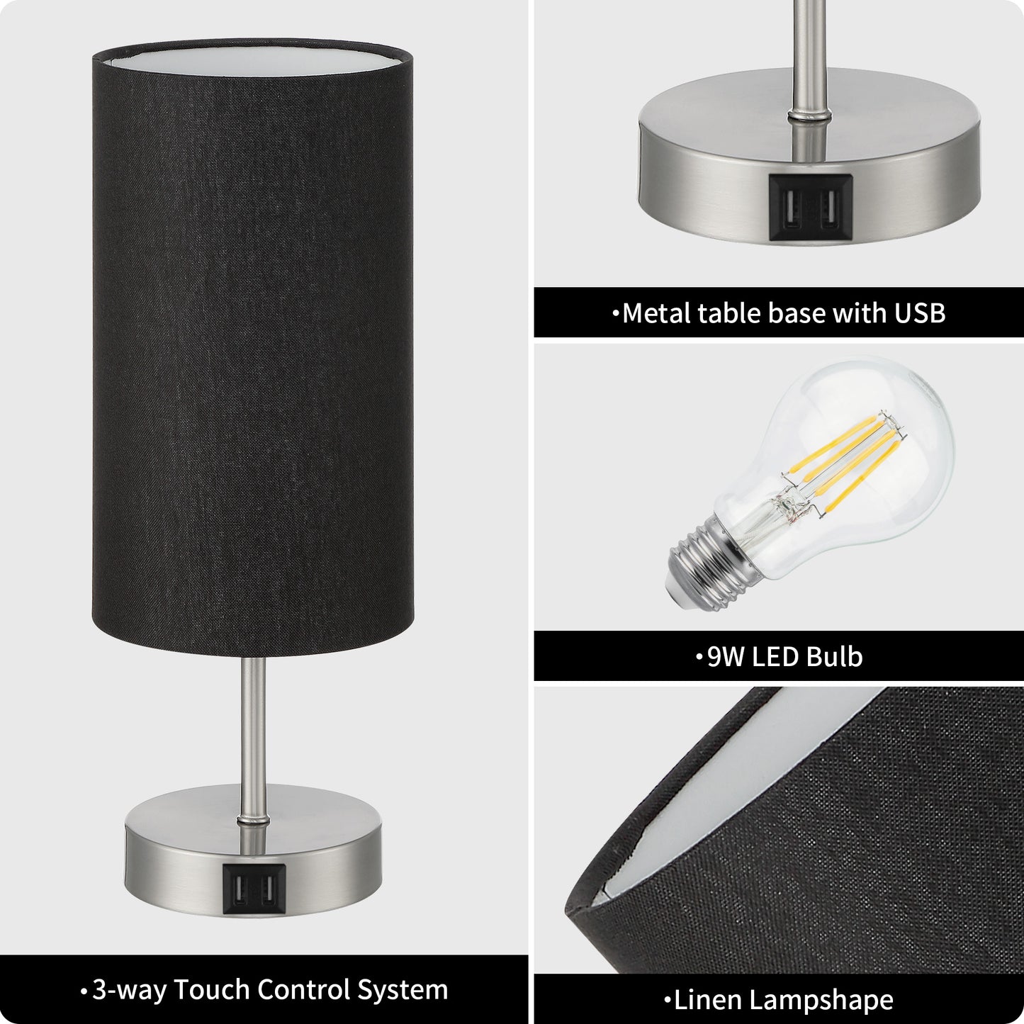 Touch-Sensitive Table Lamp Elegance, Convenience & Dual USB Charging Ports & Touch-sensitive Dimming Switch