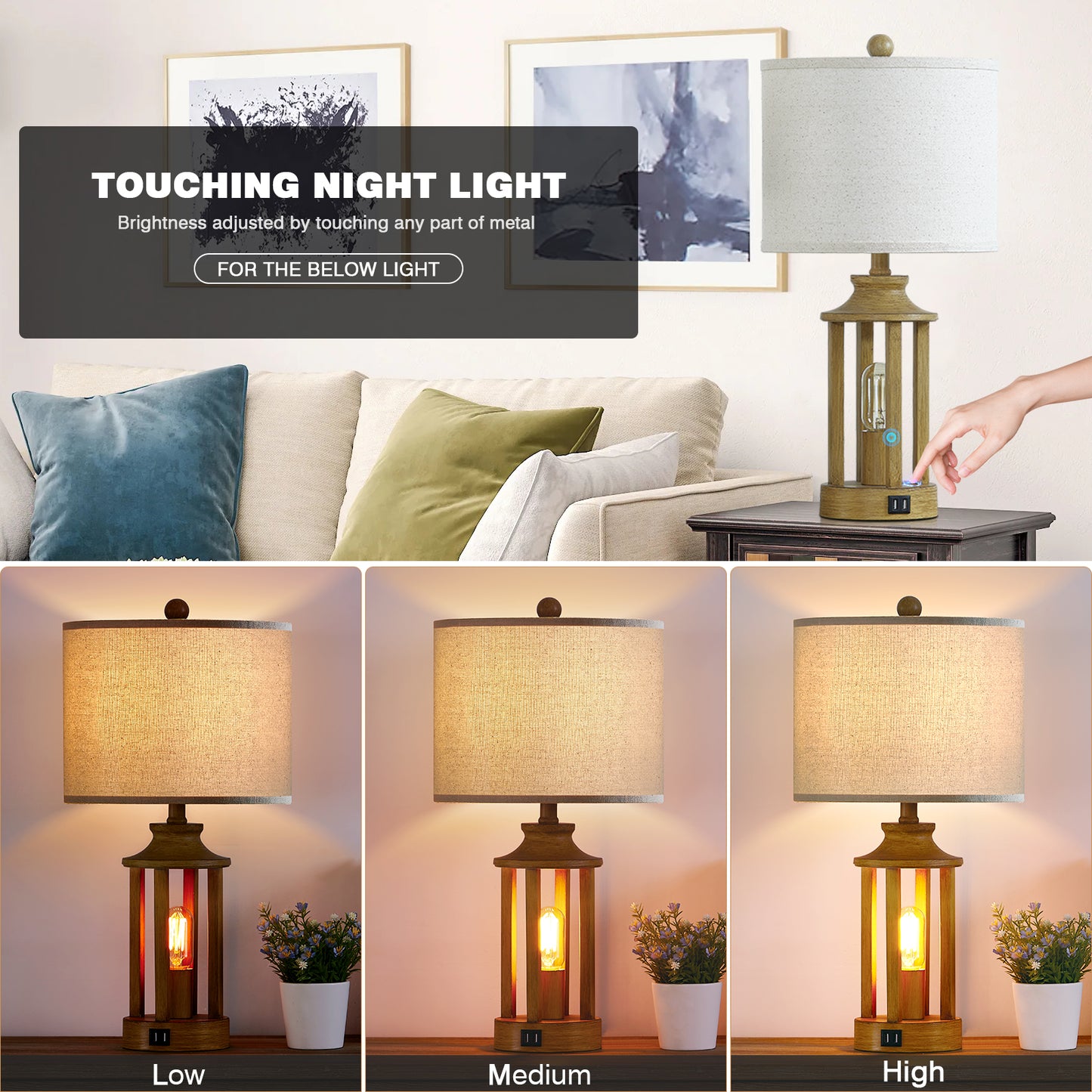 Twinset Treeshape Versatile Table Lamp with Special Nightlight & Dual USB Charging Ports & 3-level Dimming Switch