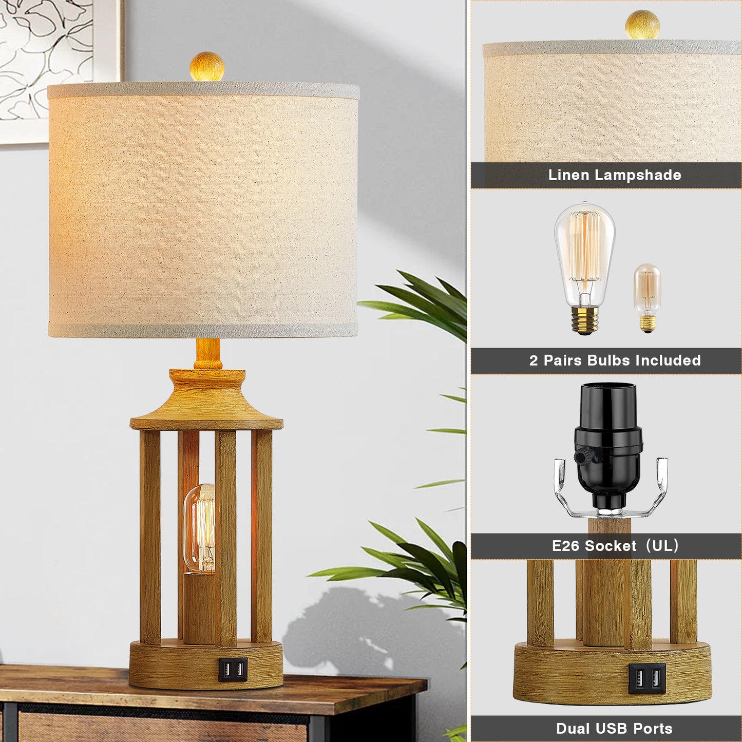 Twinset Treeshape Versatile Table Lamp with Special Nightlight & Dual USB Charging Ports & 3-level Dimming Switch