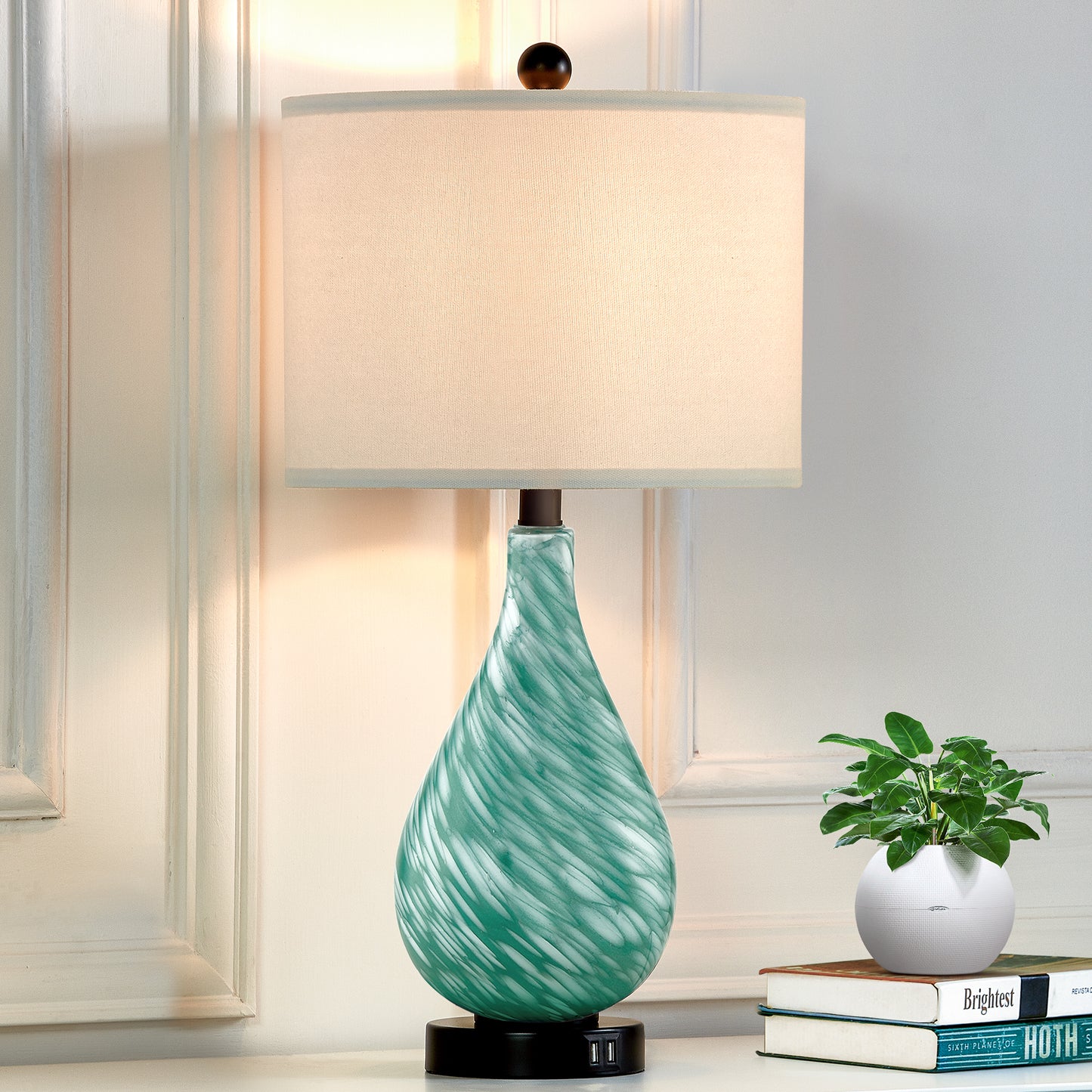 Green Ceramic Table Lamp with Fabric Lampshade & Ceramic Frame & Dual USB Charging Ports & Touch-sensitive Control Switch