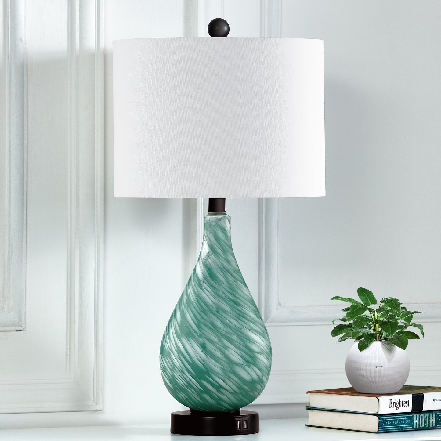 Green Ceramic Table Lamp with Fabric Lampshade & Ceramic Frame & Dual USB Charging Ports & Touch-sensitive Control Switch