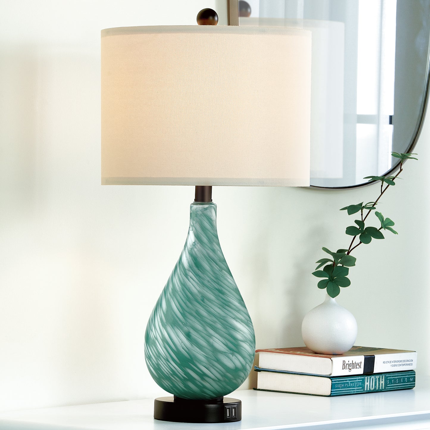 Green Ceramic Table Lamp with Fabric Lampshade & Ceramic Frame & Dual USB Charging Ports & Touch-sensitive Control Switch