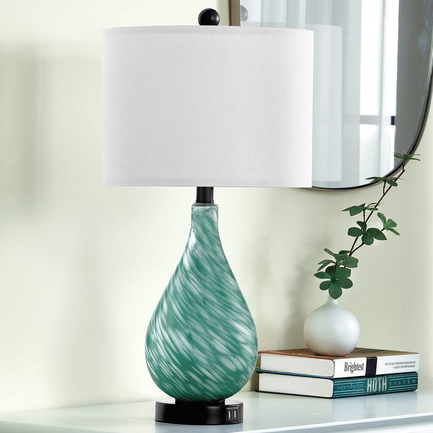 Green Ceramic Table Lamp with Fabric Lampshade & Ceramic Frame & Dual USB Charging Ports & Touch-sensitive Control Switch