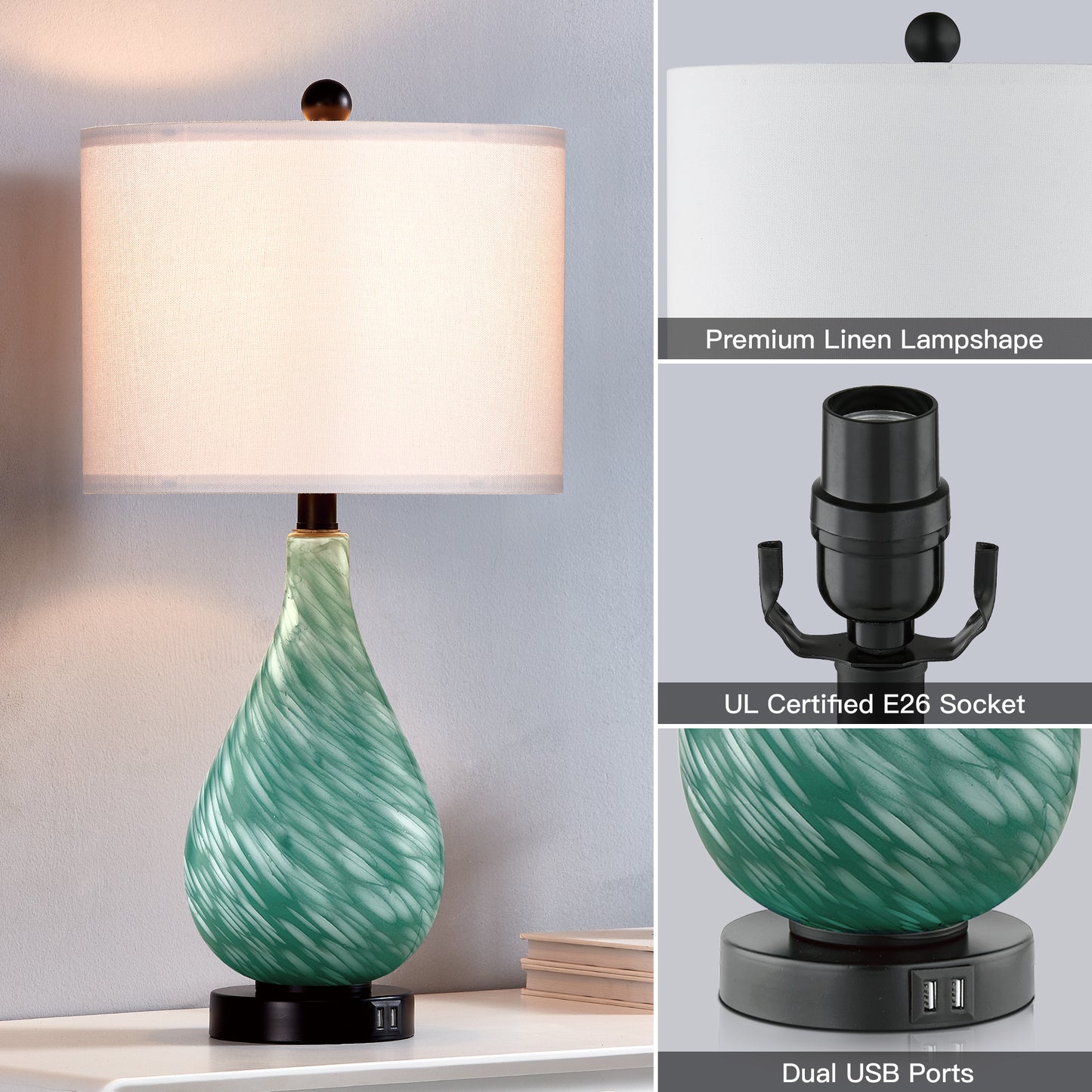 Green Ceramic Table Lamp with Fabric Lampshade & Ceramic Frame & Dual USB Charging Ports & Touch-sensitive Control Switch