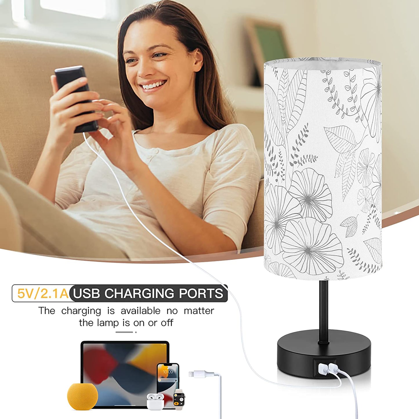 Table Lamp with Touch Dimmer Dual USB Ports Floral Lampshade