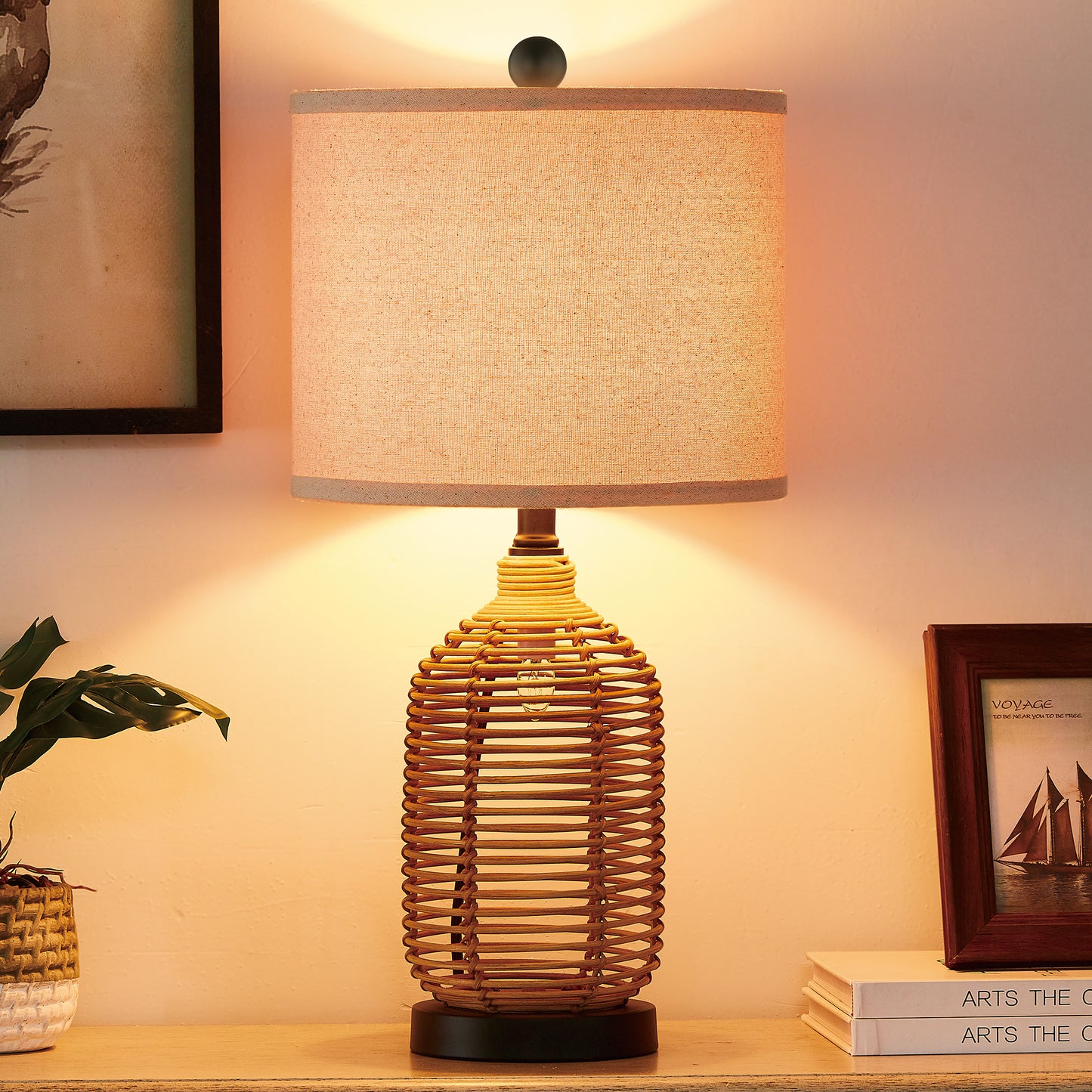 Twinset Versatile Rattan Table Lamp with 3-Way Rotary Switch & Dual Lighting Modes