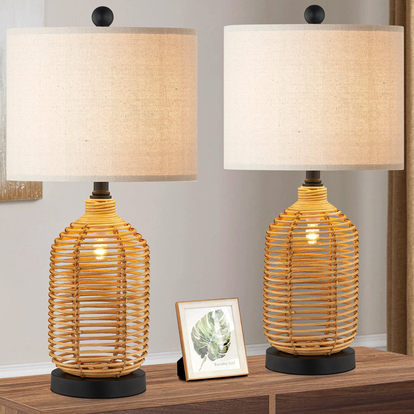 Twinset Versatile Rattan Table Lamp with 3-Way Rotary Switch & Dual Lighting Modes