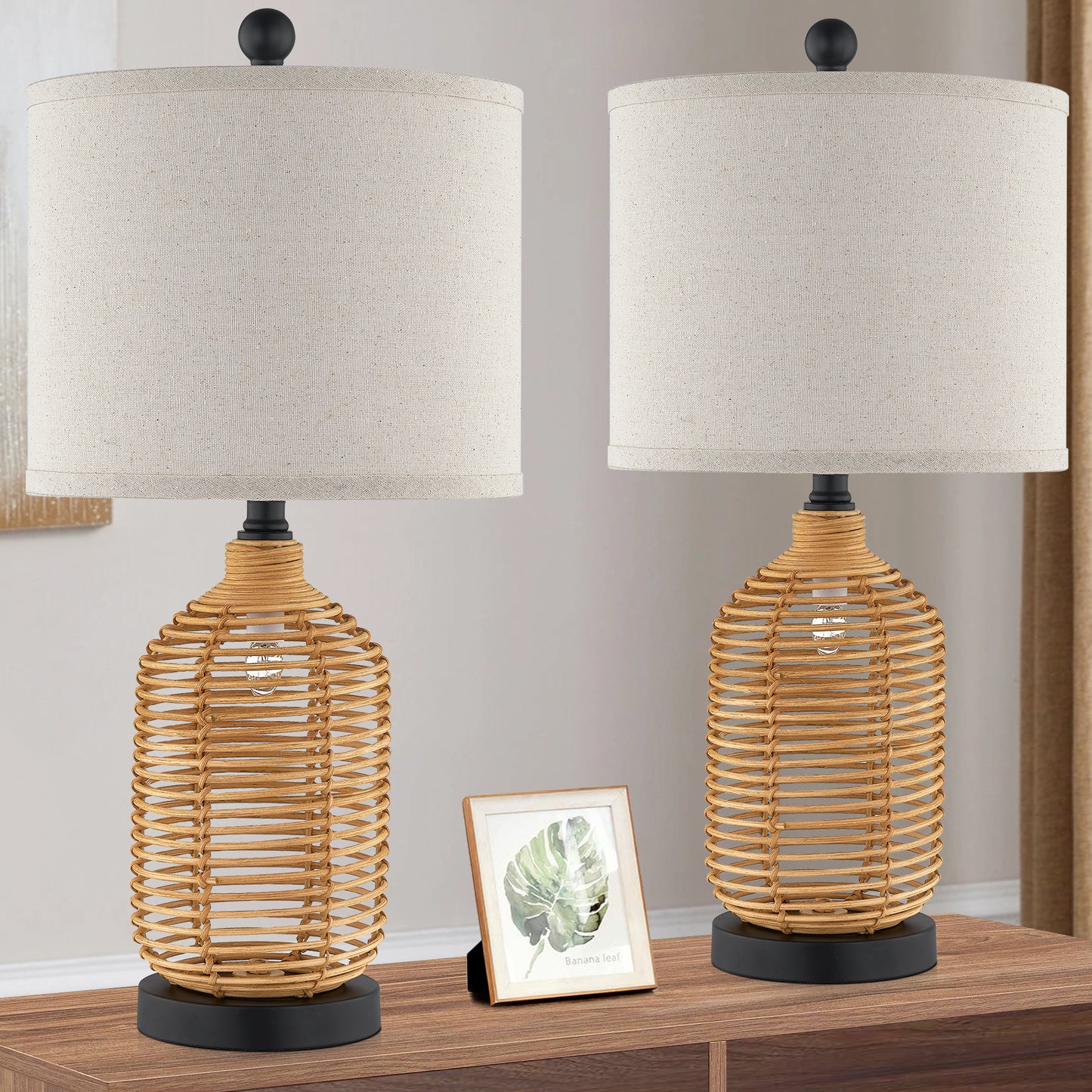 Twinset Versatile Rattan Table Lamp with 3-Way Rotary Switch & Dual Lighting Modes