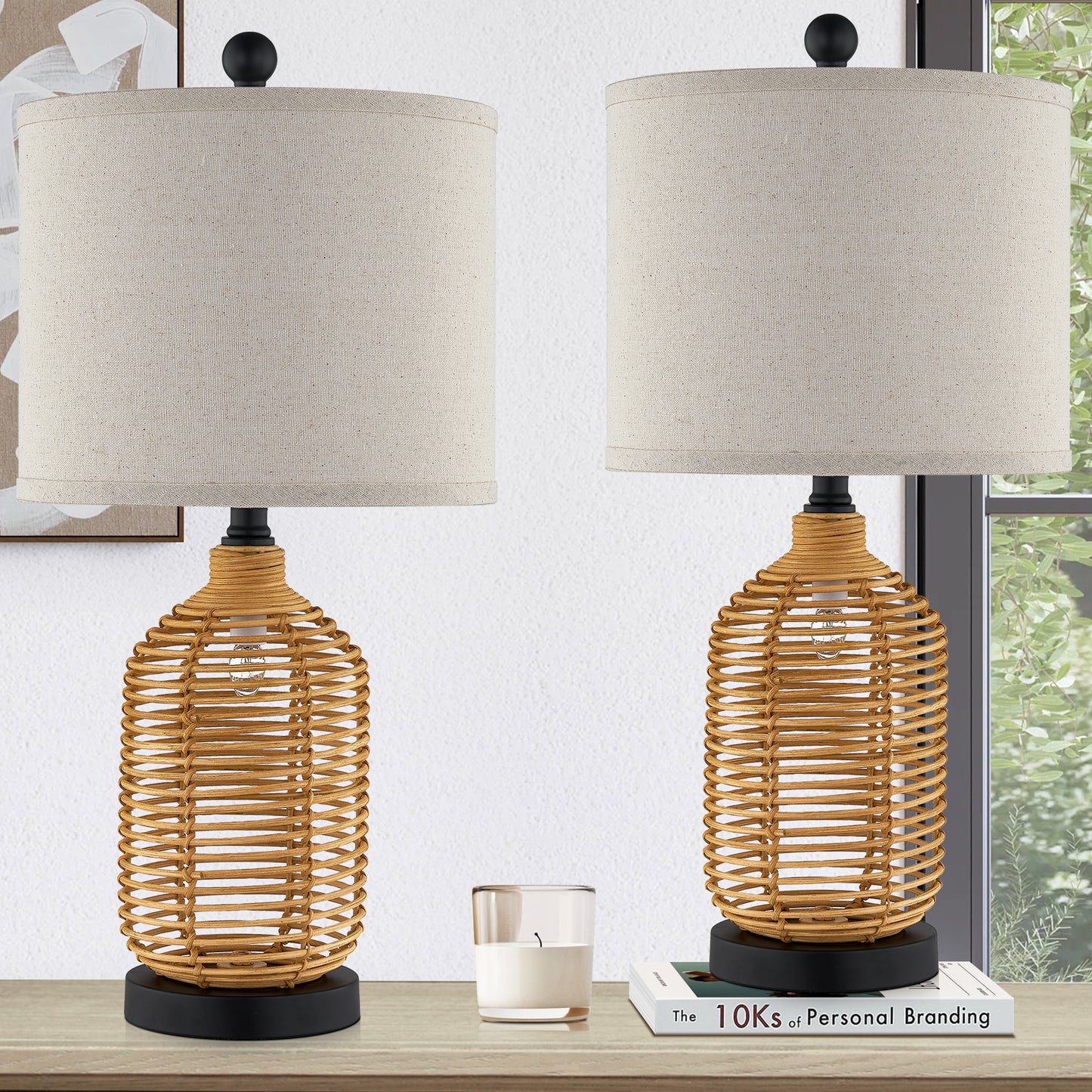 Twinset Versatile Rattan Table Lamp with 3-Way Rotary Switch & Dual Lighting Modes