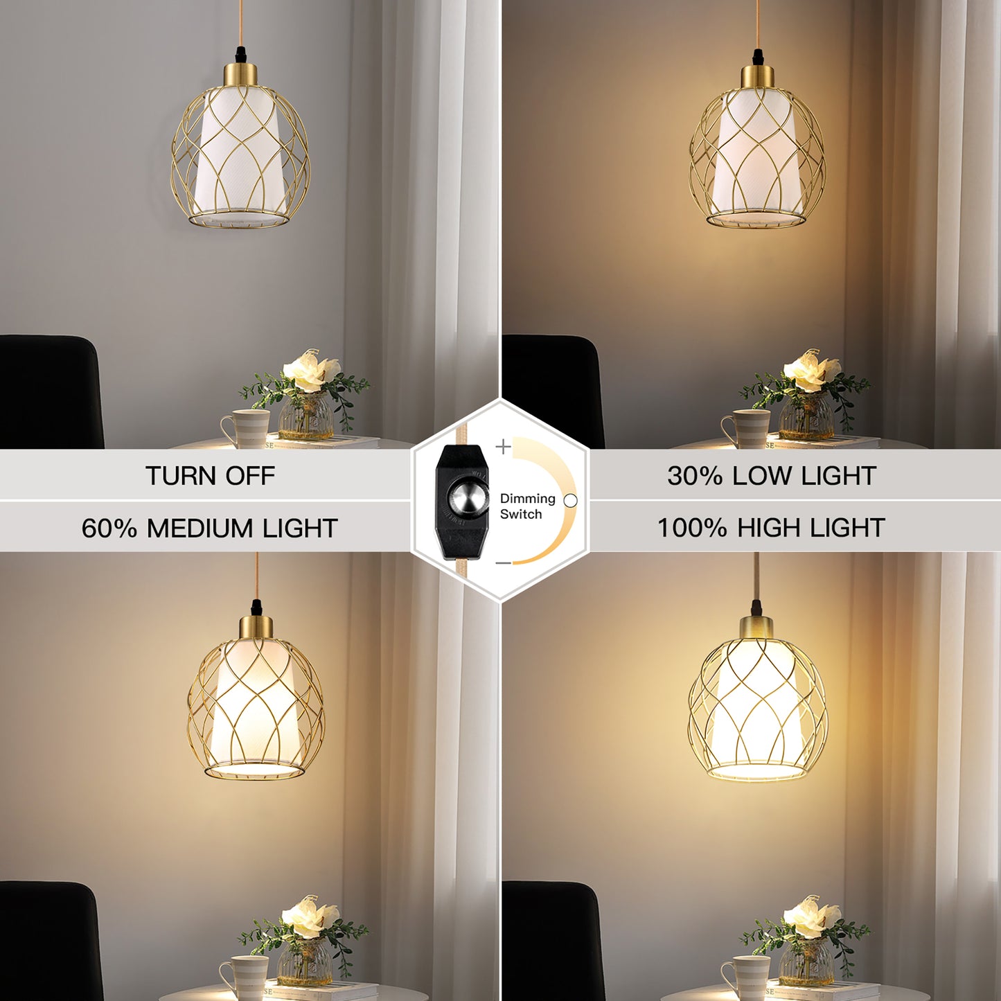 Gold Pendant Lights with Dome Frame & Adjustable Power Cord