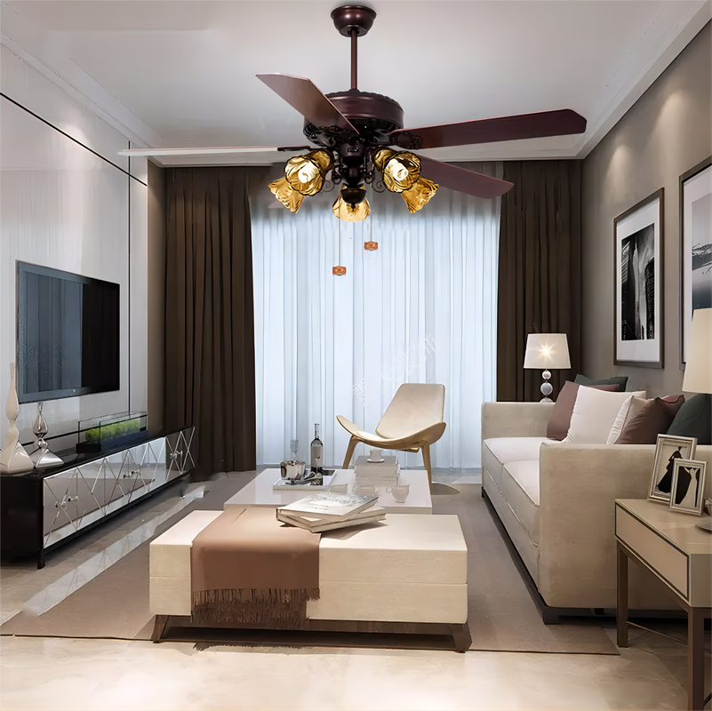 Energy Saving Antique Brass Color Plywood Classical Ceiling Fan Light with 3-Speed Control Pull Chain