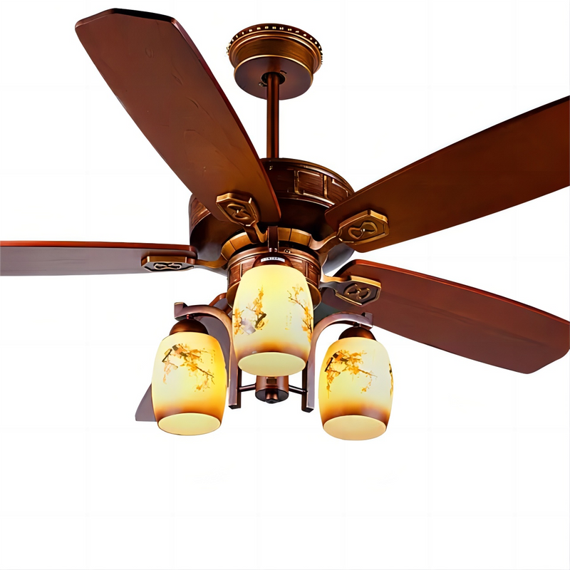 Chinese Retro Style Ceiling Fan 52 Inch Decorative Flower Design Glass Lamp 5 Solid Wood Blades Ceiling Fan with Light