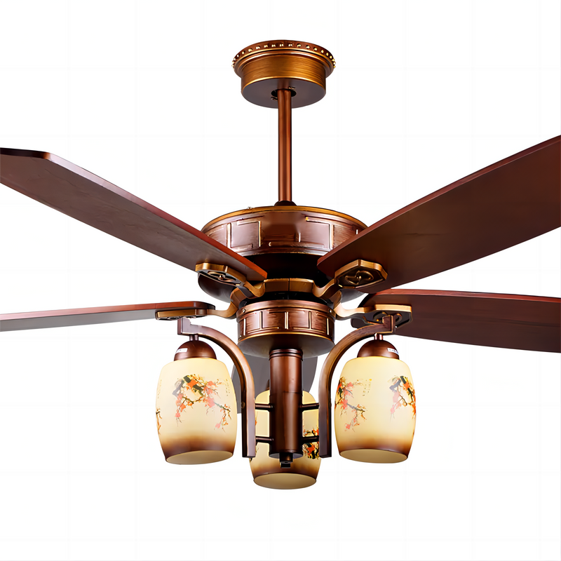 Chinese Retro Style Ceiling Fan 52 Inch Decorative Flower Design Glass Lamp 5 Solid Wood Blades Ceiling Fan with Light