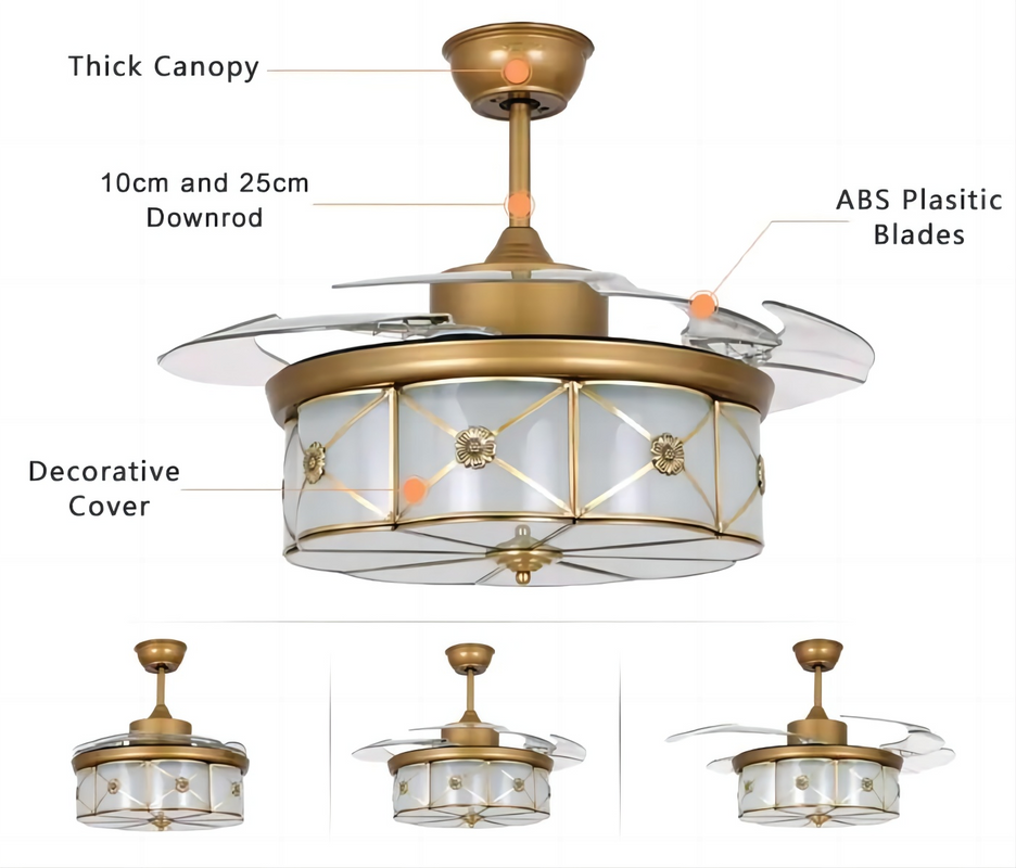Crystal Ceiling Fan with Retractable Blades and Light Decorative DC Motor Led Ceiling Fans