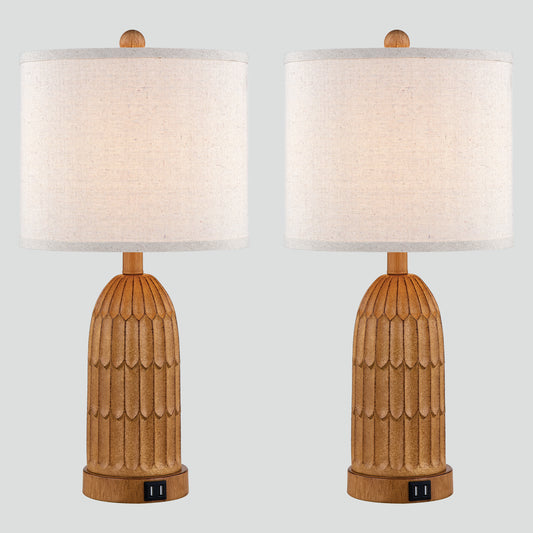 Cinkeda Twinset Brown Resin Table Lamps + USB Ports + Touch-sensitive 3-Way Dimmable Switch