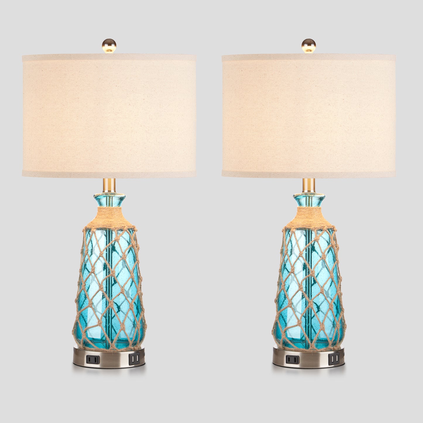 Cinkeda Ocean Blue Creative Rattan & Glass Twinset Table Lamps