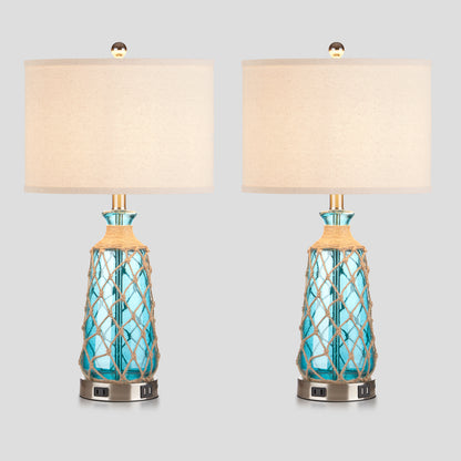 Cinkeda Ocean Blue Creative Rattan & Glass Twinset Table Lamps