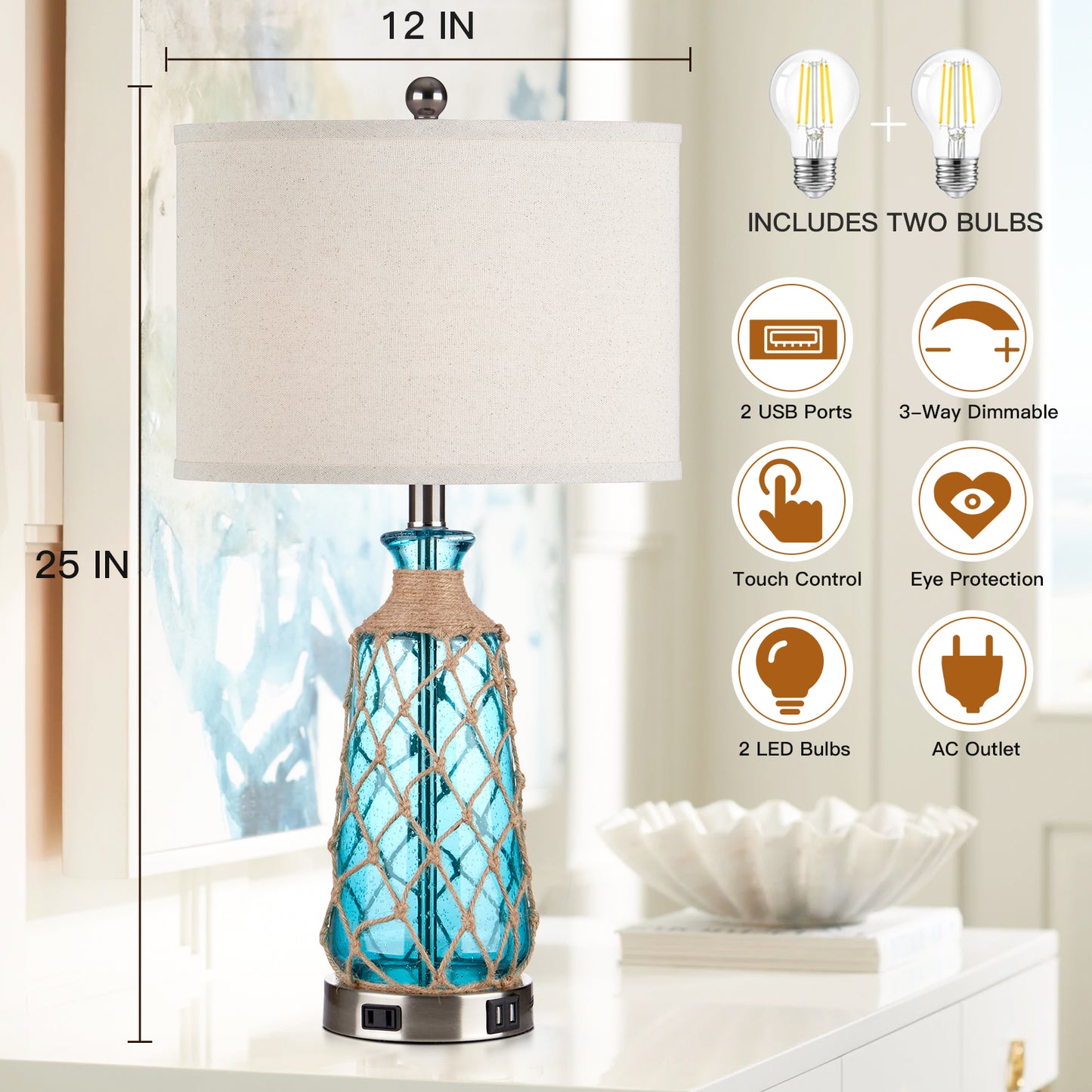 Cinkeda Ocean Blue Creative Rattan & Glass Twinset Table Lamps