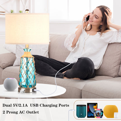 Cinkeda Ocean Blue Creative Rattan & Glass Twinset Table Lamps