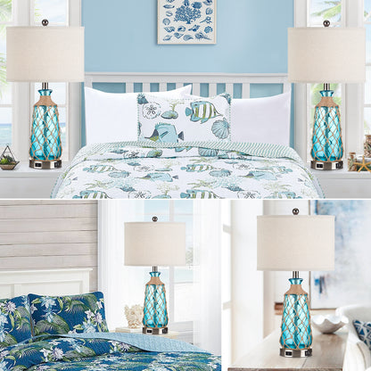 Cinkeda Ocean Blue Creative Rattan & Glass Twinset Table Lamps