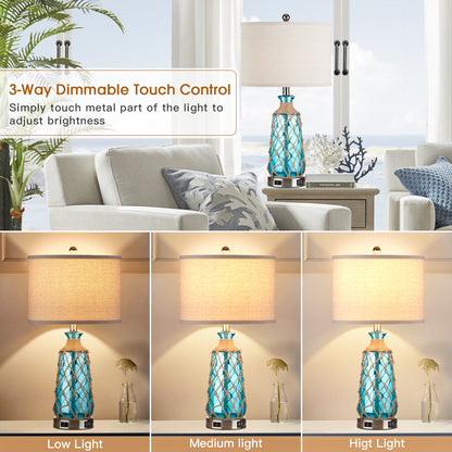 Cinkeda Ocean Blue Creative Rattan & Glass Twinset Table Lamps