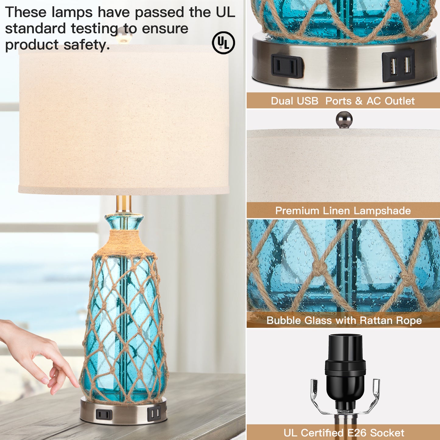 Cinkeda Ocean Blue Creative Rattan & Glass Twinset Table Lamps
