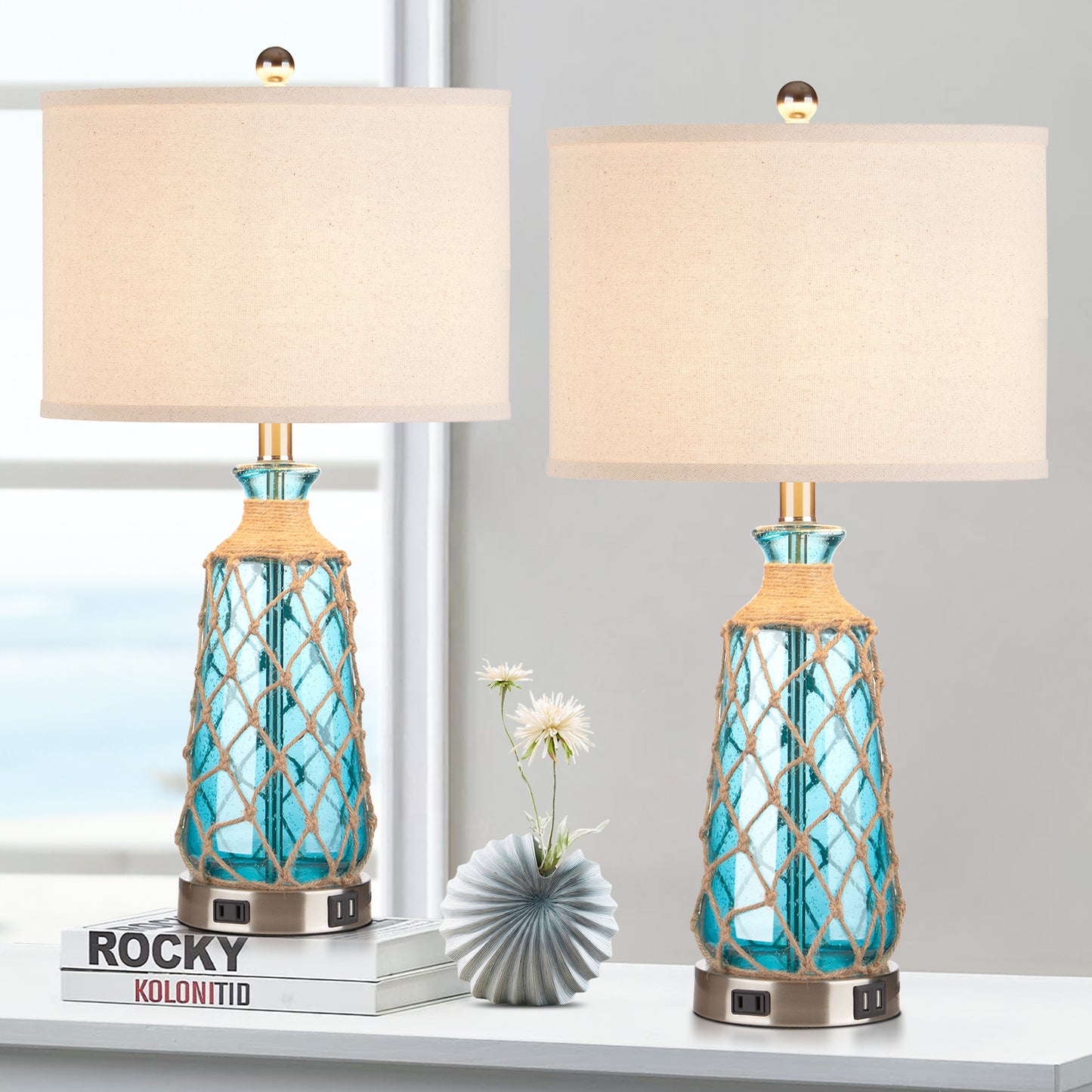 Cinkeda Ocean Blue Creative Rattan & Glass Twinset Table Lamps