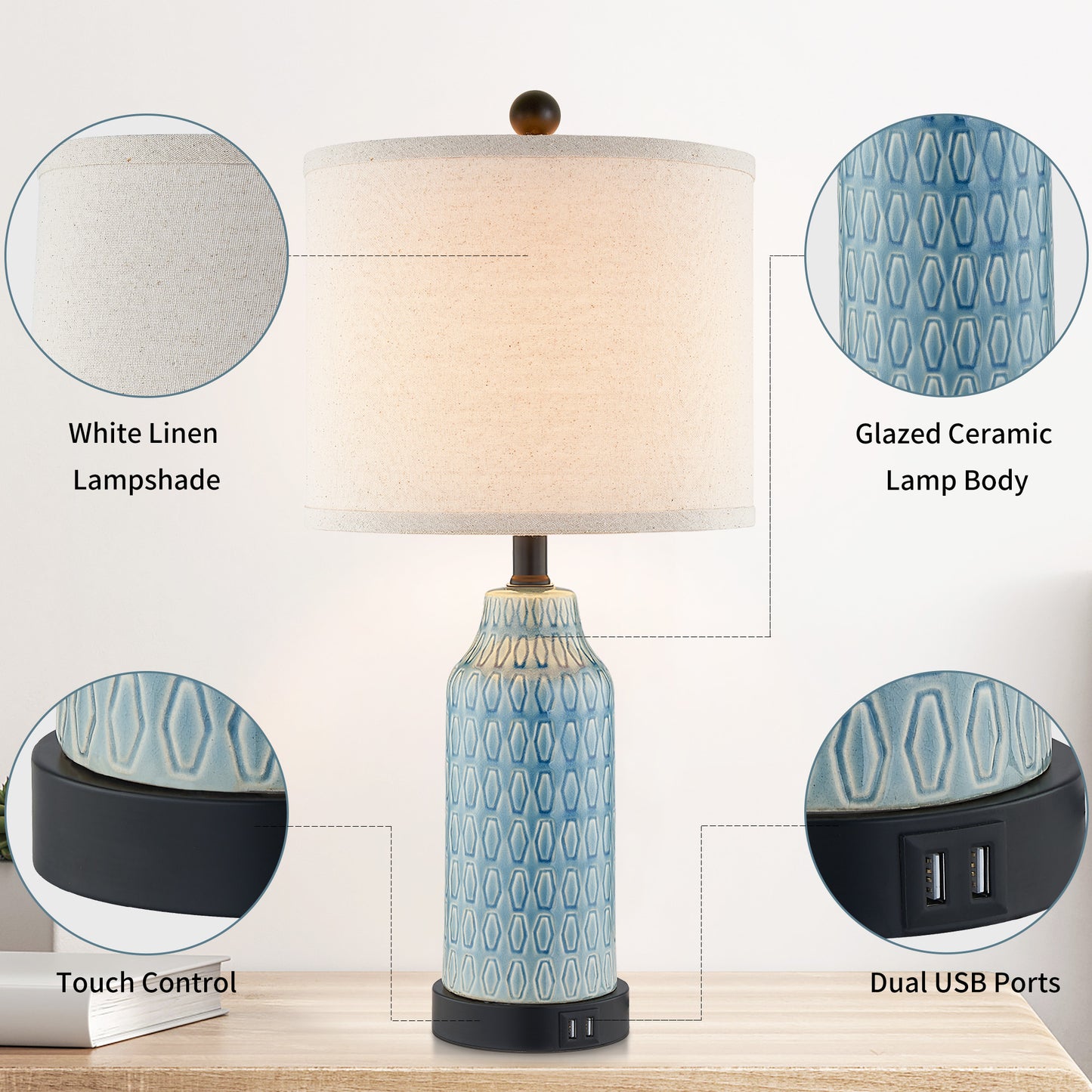 Cinkeda Twinset Blue Glossy Ceramic Table Lamps