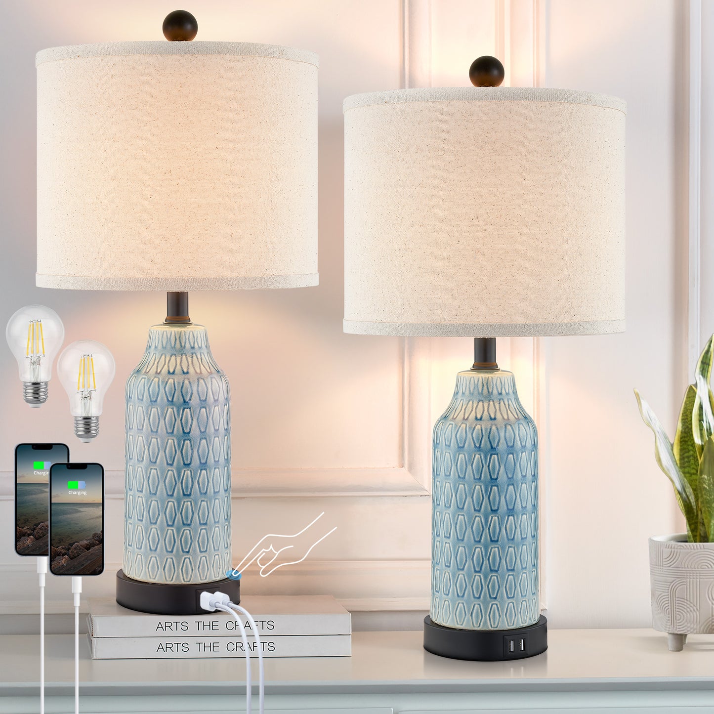 Cinkeda Twinset Blue Glossy Ceramic Table Lamps