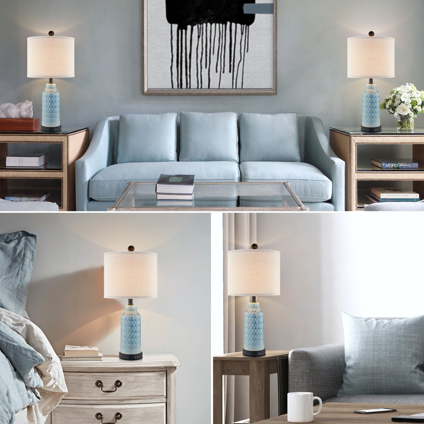 Cinkeda Twinset Blue Glossy Ceramic Table Lamps