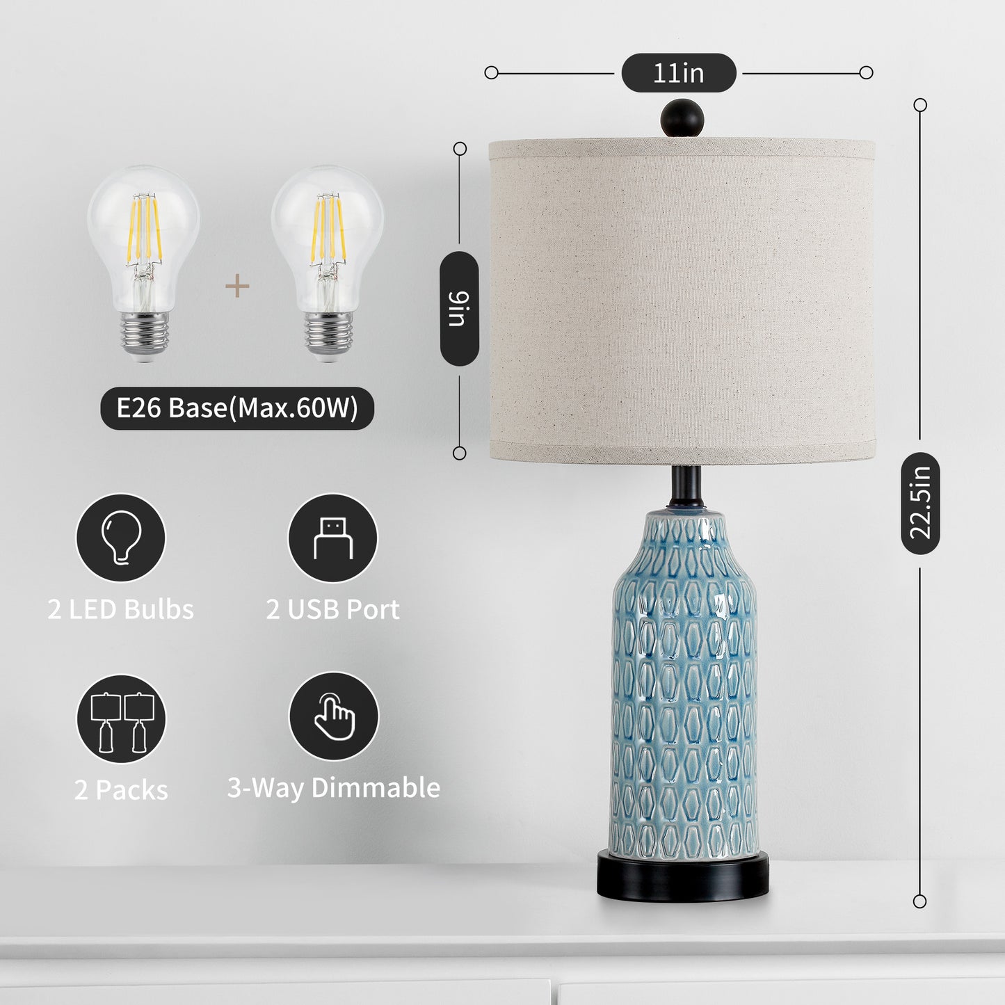 Cinkeda Twinset Blue Glossy Ceramic Table Lamps
