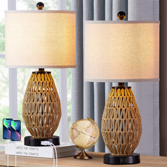Twinset Rattan Table Lamps with 3-Way Dimmable Touch Control and USB Charging Ports