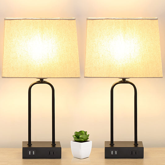 Twinset Modern Table Lamps with Dual USB Charging Ports & Type-A Socket & 3-Level Touch Dimming