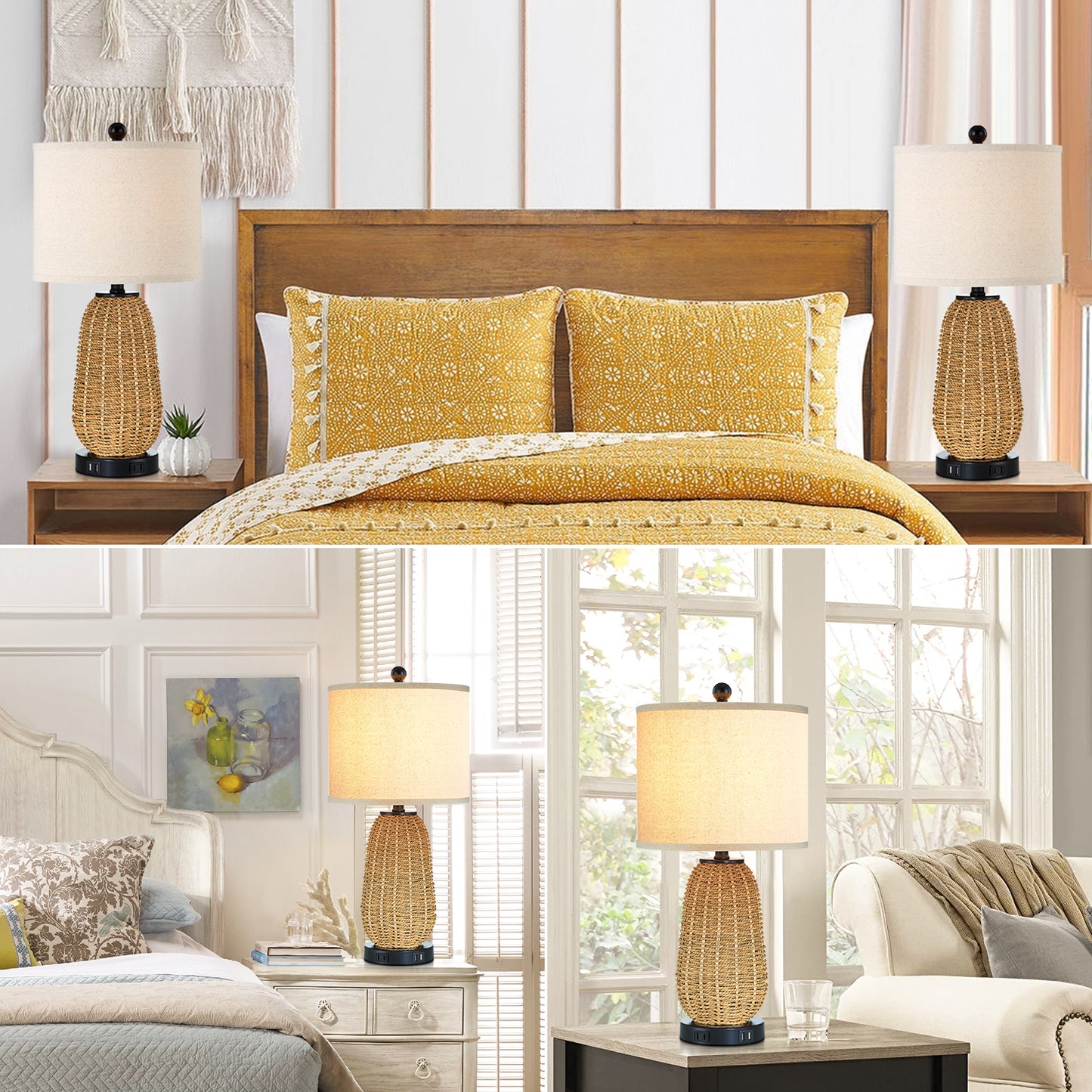 Twinset Table Lamps & Elegant Design & Dual USB Charging, Dimmable Lighting & Touch Control Switch