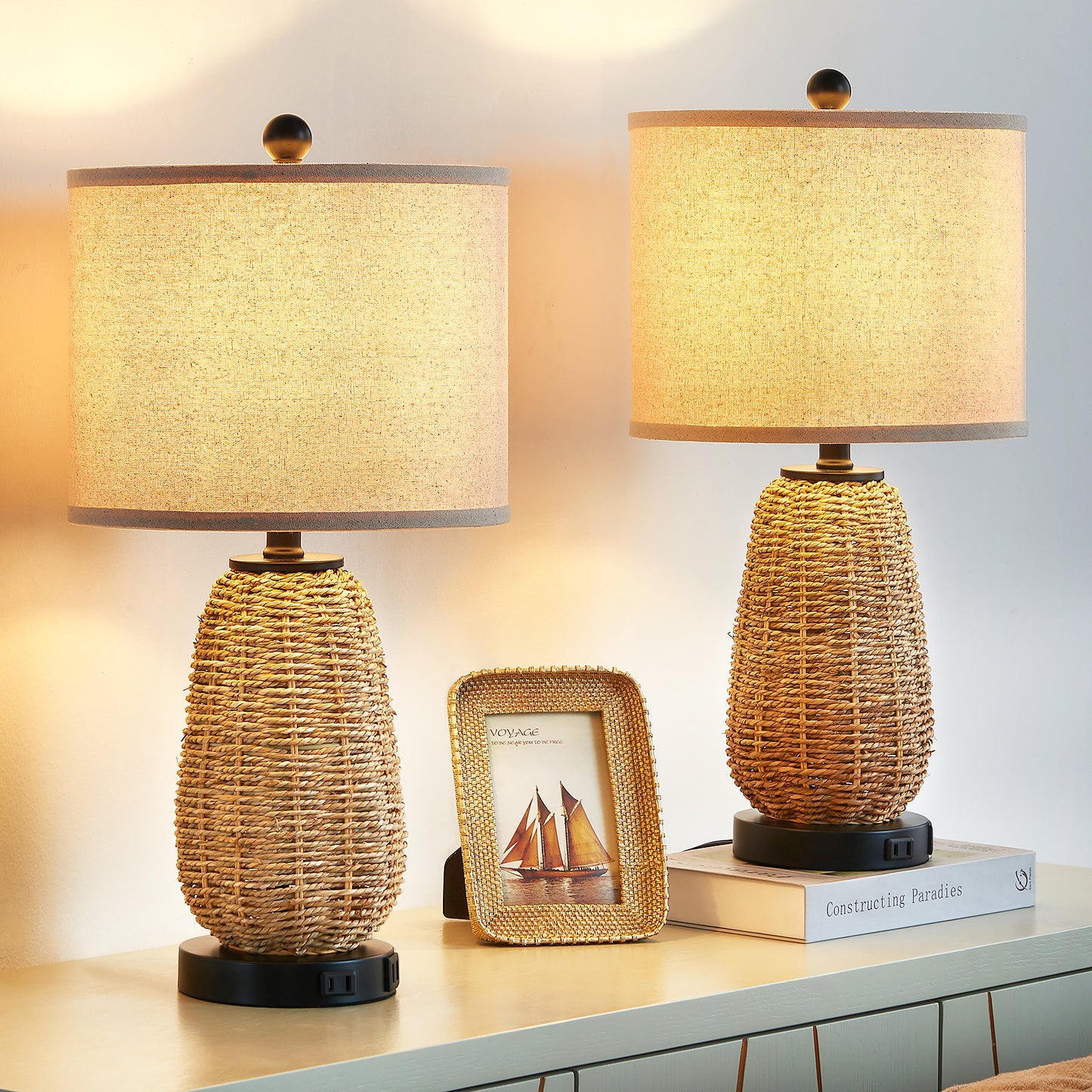 Twinset Table Lamps & Elegant Design & Dual USB Charging, Dimmable Lighting & Touch Control Switch