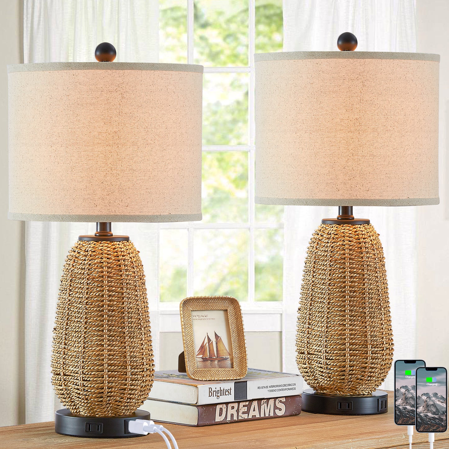 Twinset Table Lamps & Elegant Design & Dual USB Charging, Dimmable Lighting & Touch Control Switch