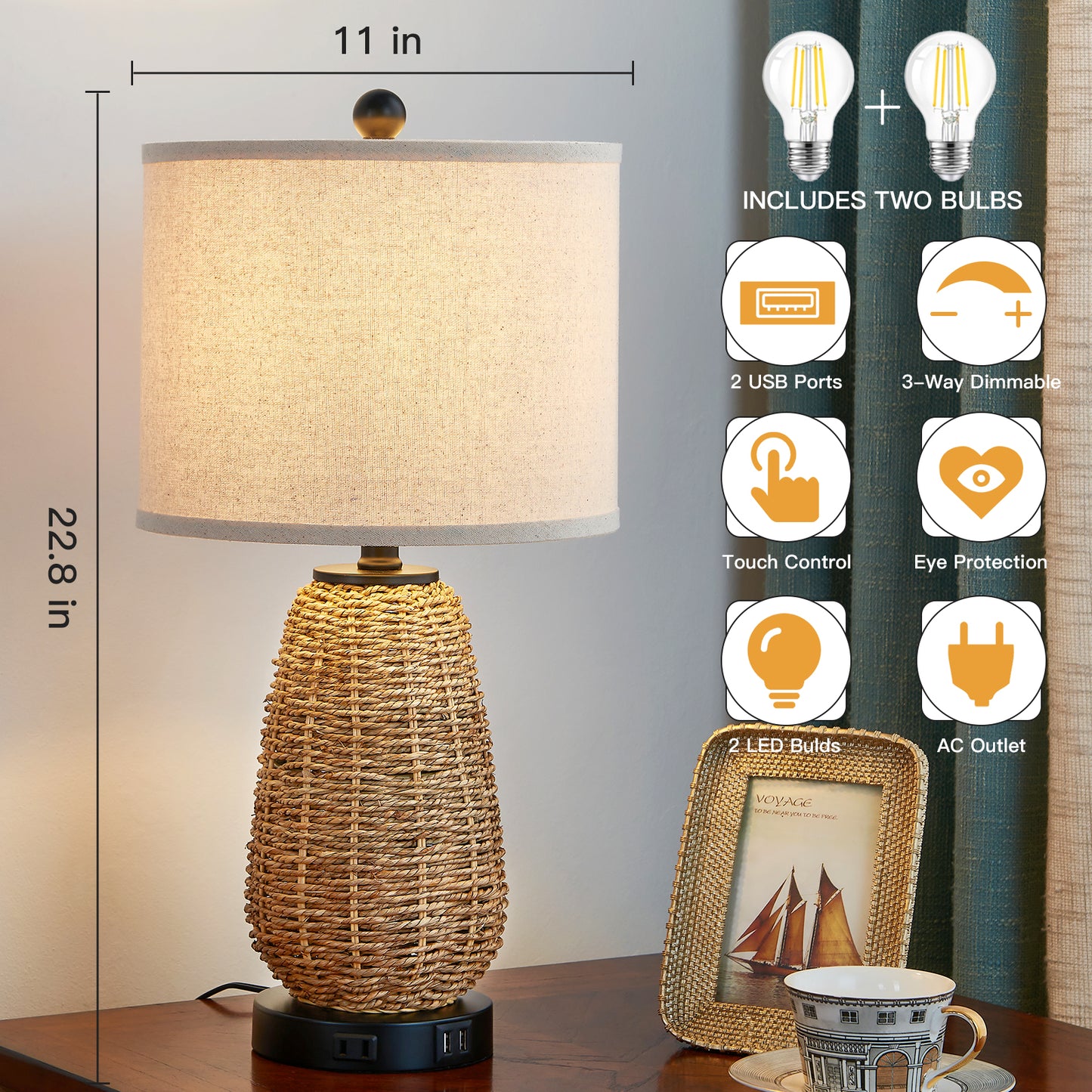Twinset Table Lamps & Elegant Design & Dual USB Charging, Dimmable Lighting & Touch Control Switch