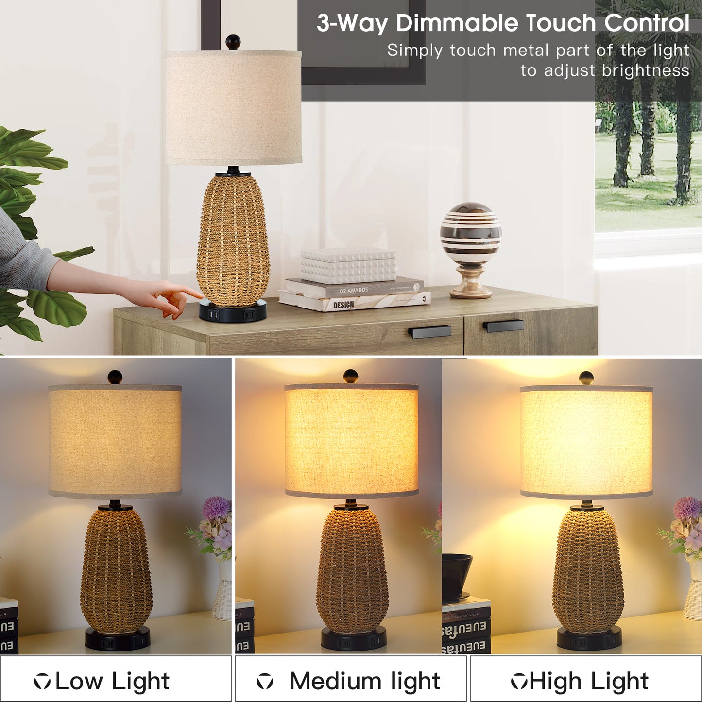 Twinset Table Lamps & Elegant Design & Dual USB Charging, Dimmable Lighting & Touch Control Switch