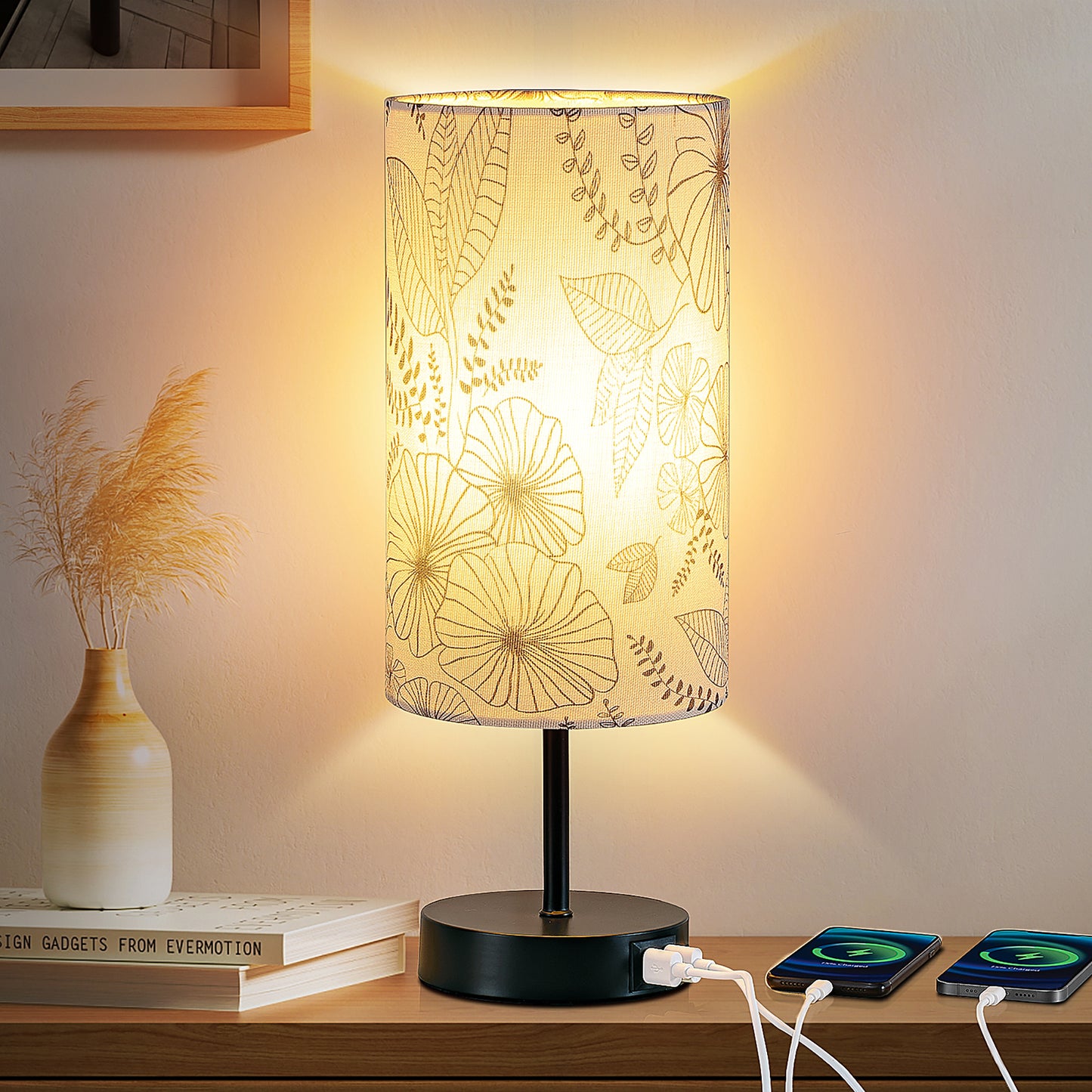 Table Lamp with Touch Dimmer Dual USB Ports Floral Lampshade