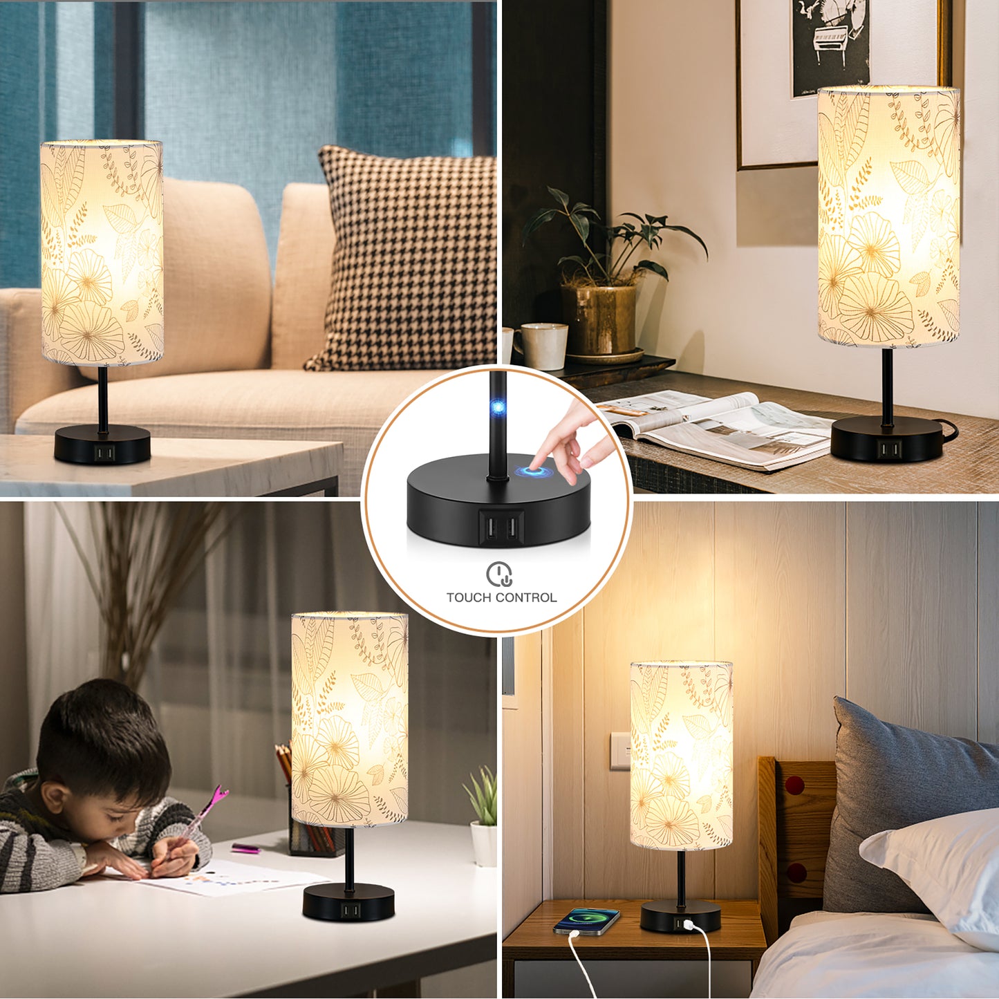 Table Lamp with Touch Dimmer Dual USB Ports Floral Lampshade