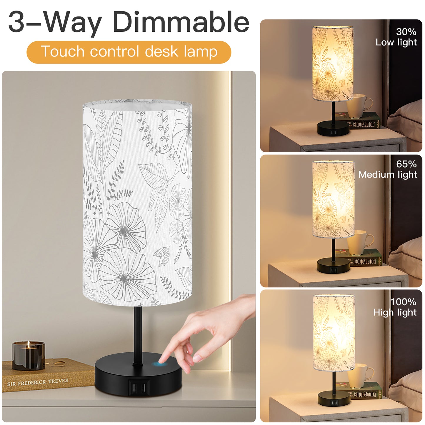 Table Lamp with Touch Dimmer Dual USB Ports Floral Lampshade
