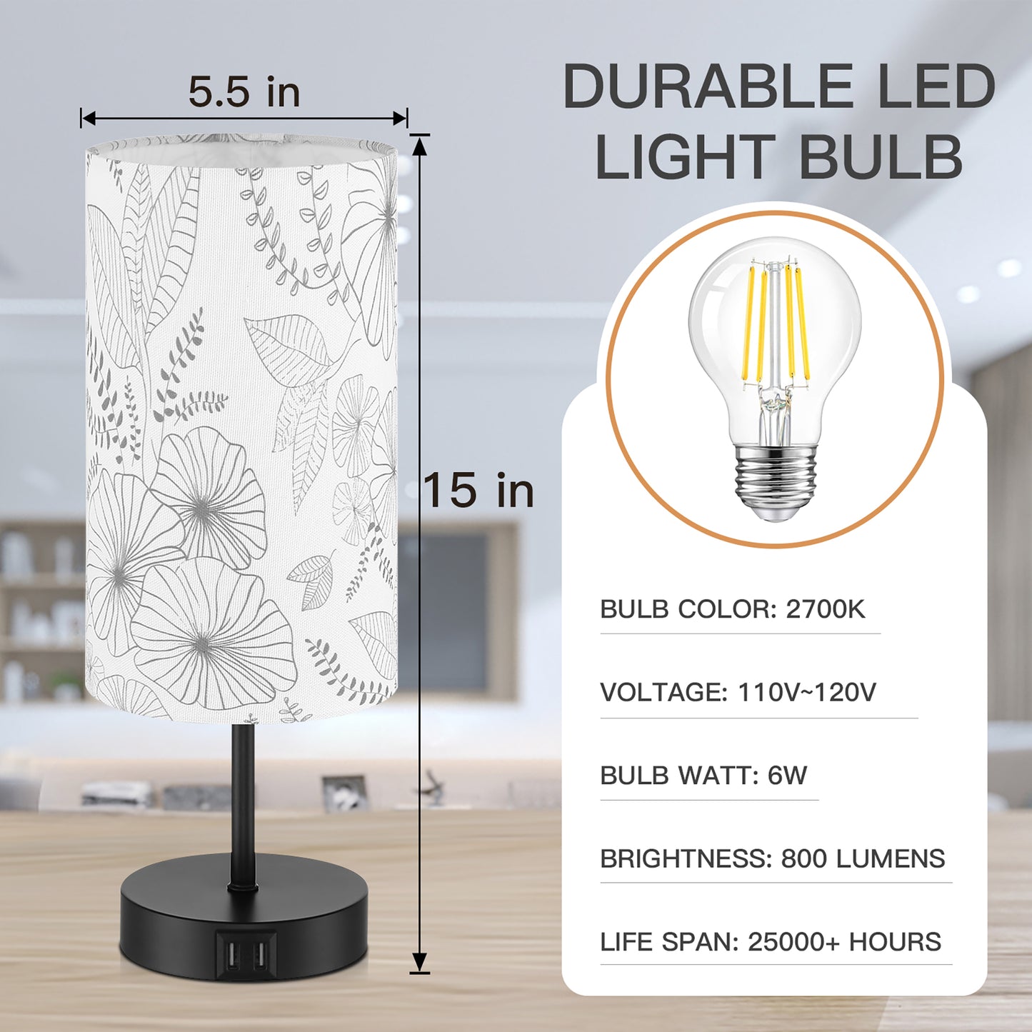 Table Lamp with Touch Dimmer Dual USB Ports Floral Lampshade