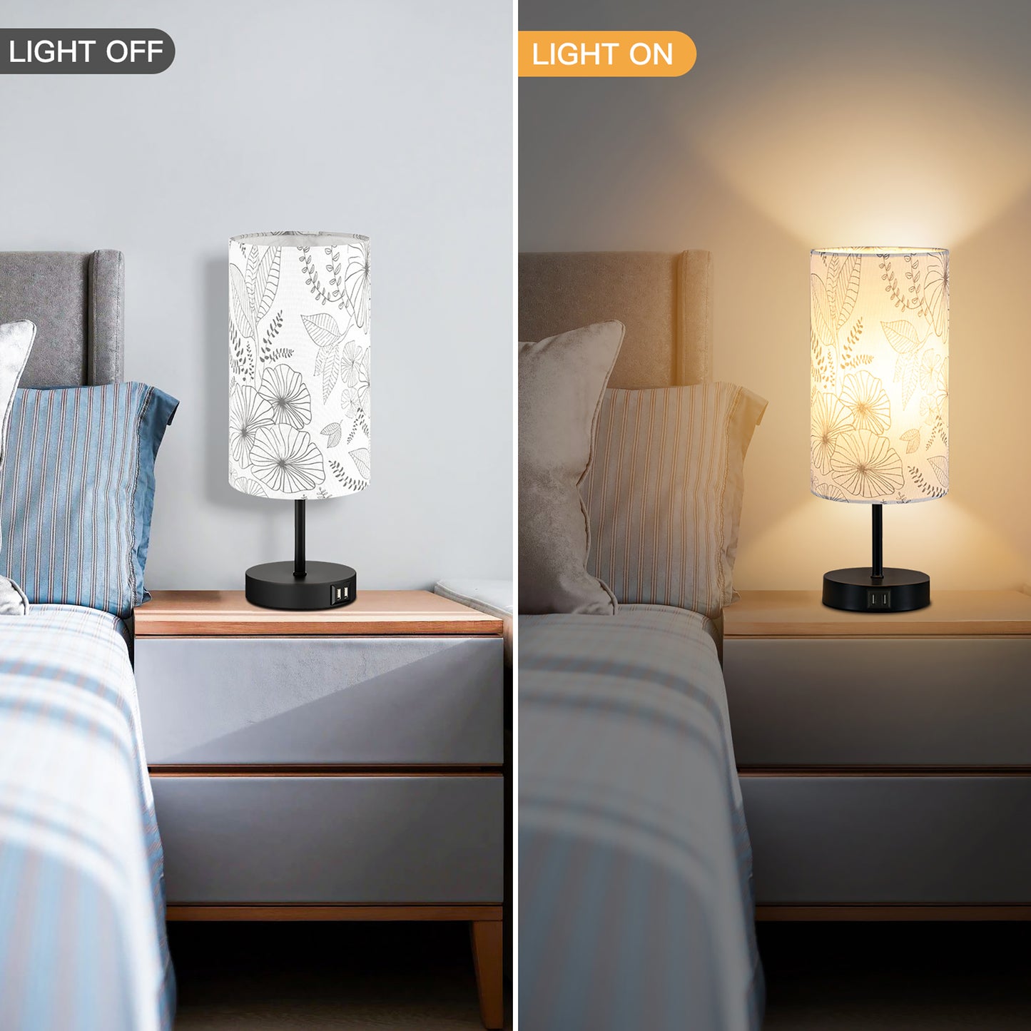 Table Lamp with Touch Dimmer Dual USB Ports Floral Lampshade