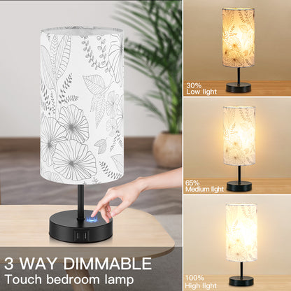 Table Lamp with Touch Dimmer Dual USB Ports Floral Lampshade