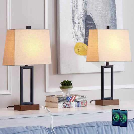 Twinset Table Lamps Elegant Metal Base & Dual USB Charging Ports & Type-A Socket